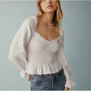 Reformation White Smocked Blouse